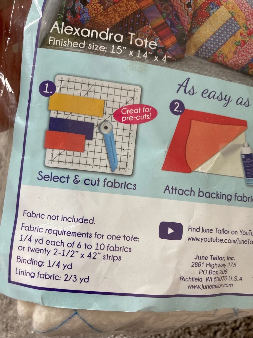 NIP Quilt as you go June Tailor Alexandra Tote bag pattern printed on batting